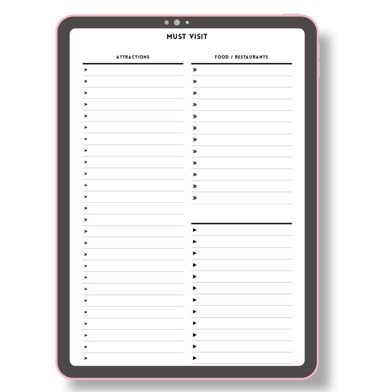 Clean travel planning insert for vacation organizing