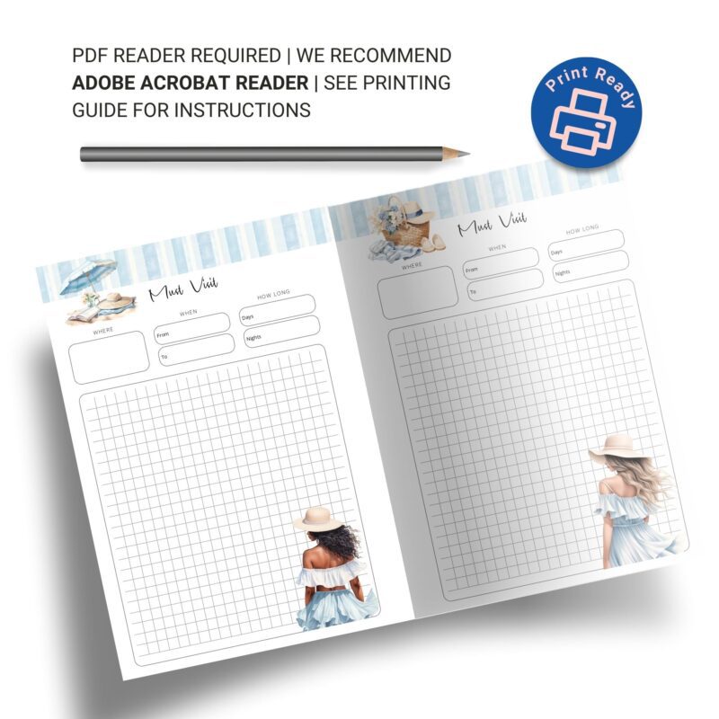 Travel planner insert showing beach theme elements