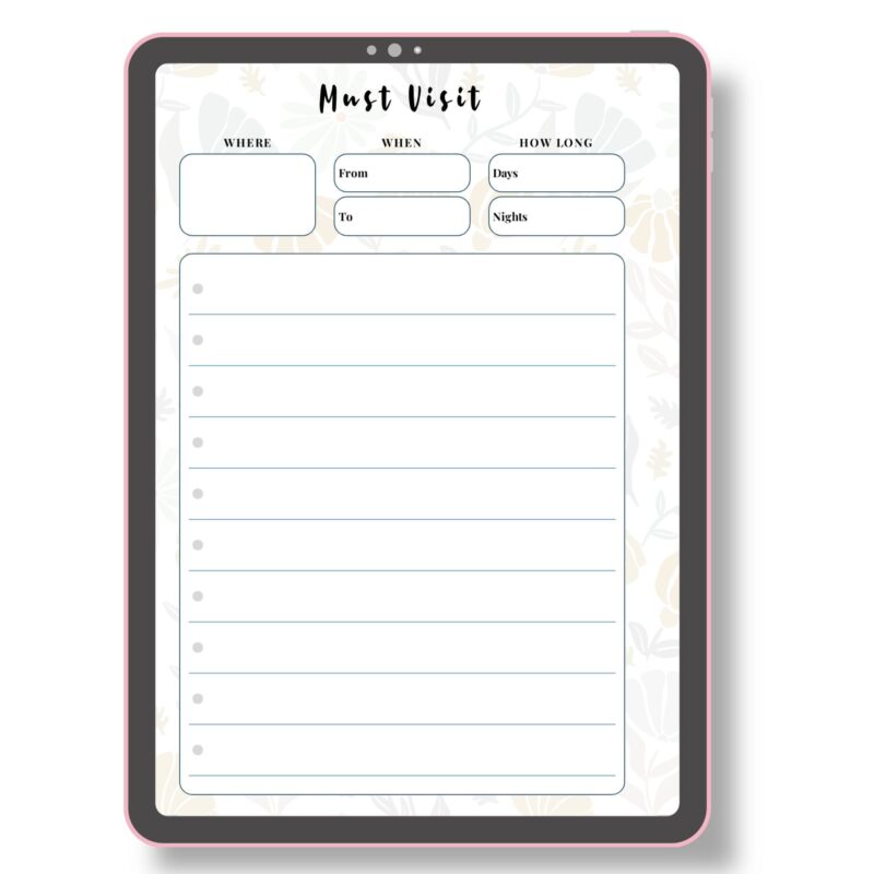 Travel planning sheet for must-visit destinations