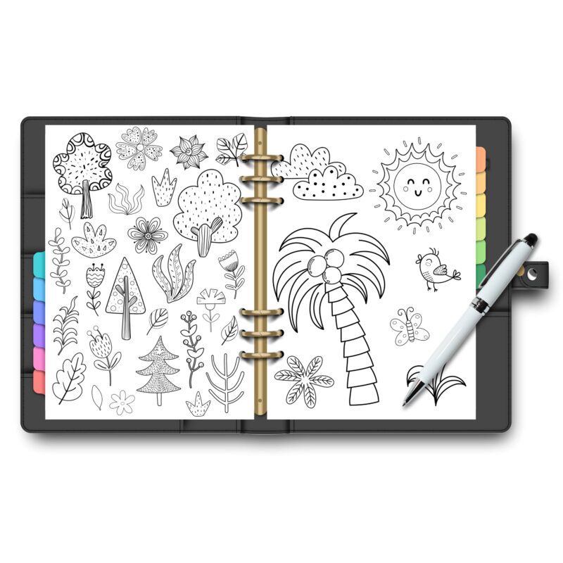 Nature coloring book showing bird and flower designs