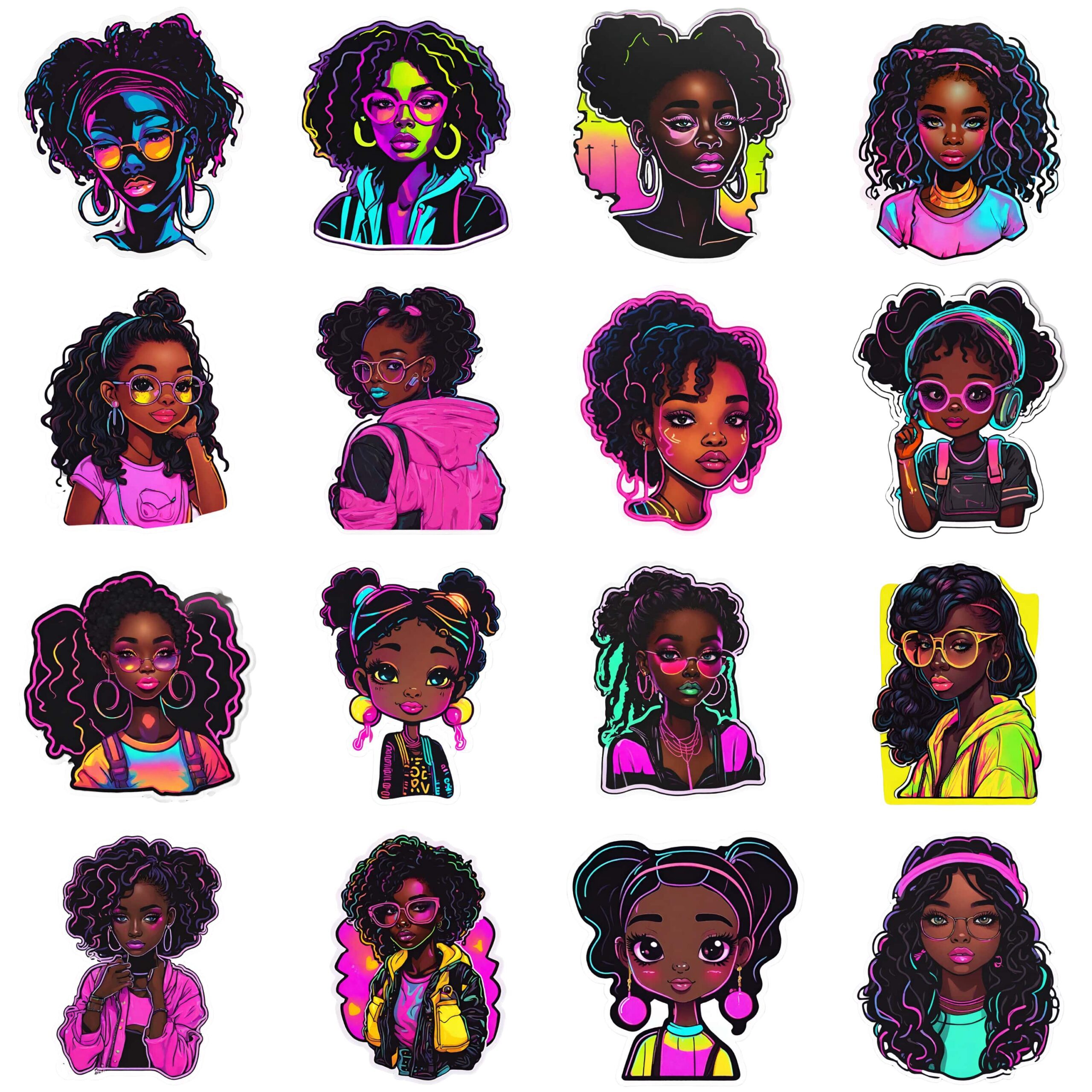 Ebony girl stickers in bright neon colors