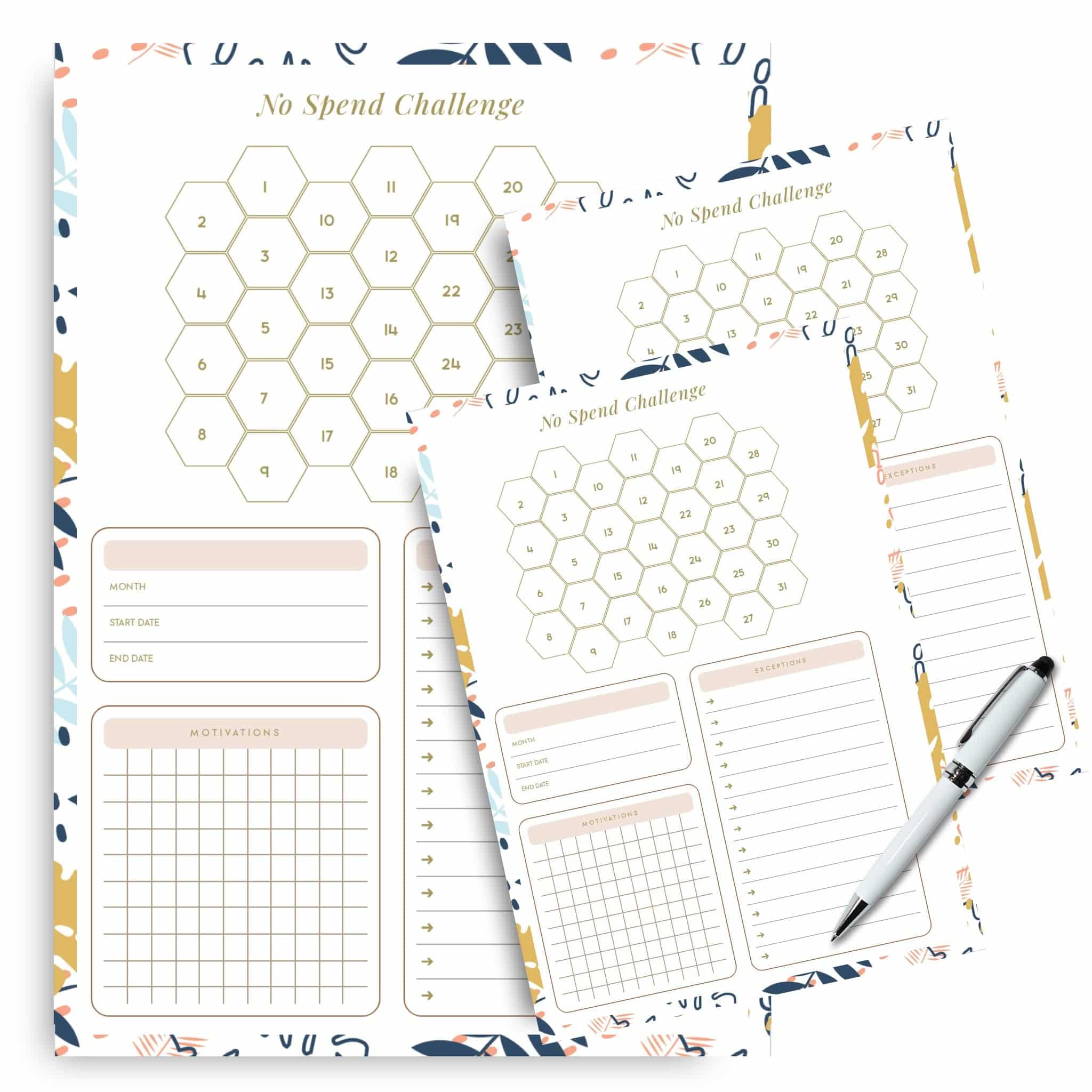 Two-page no spend tracker with floral design