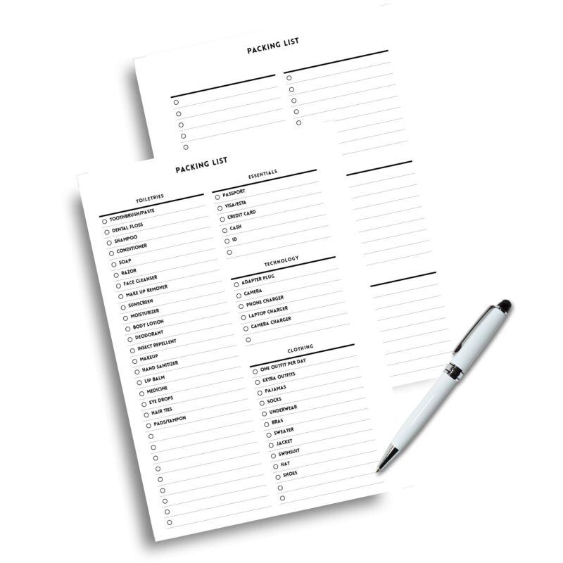 A5 printable packing list for toiletries and essentials
