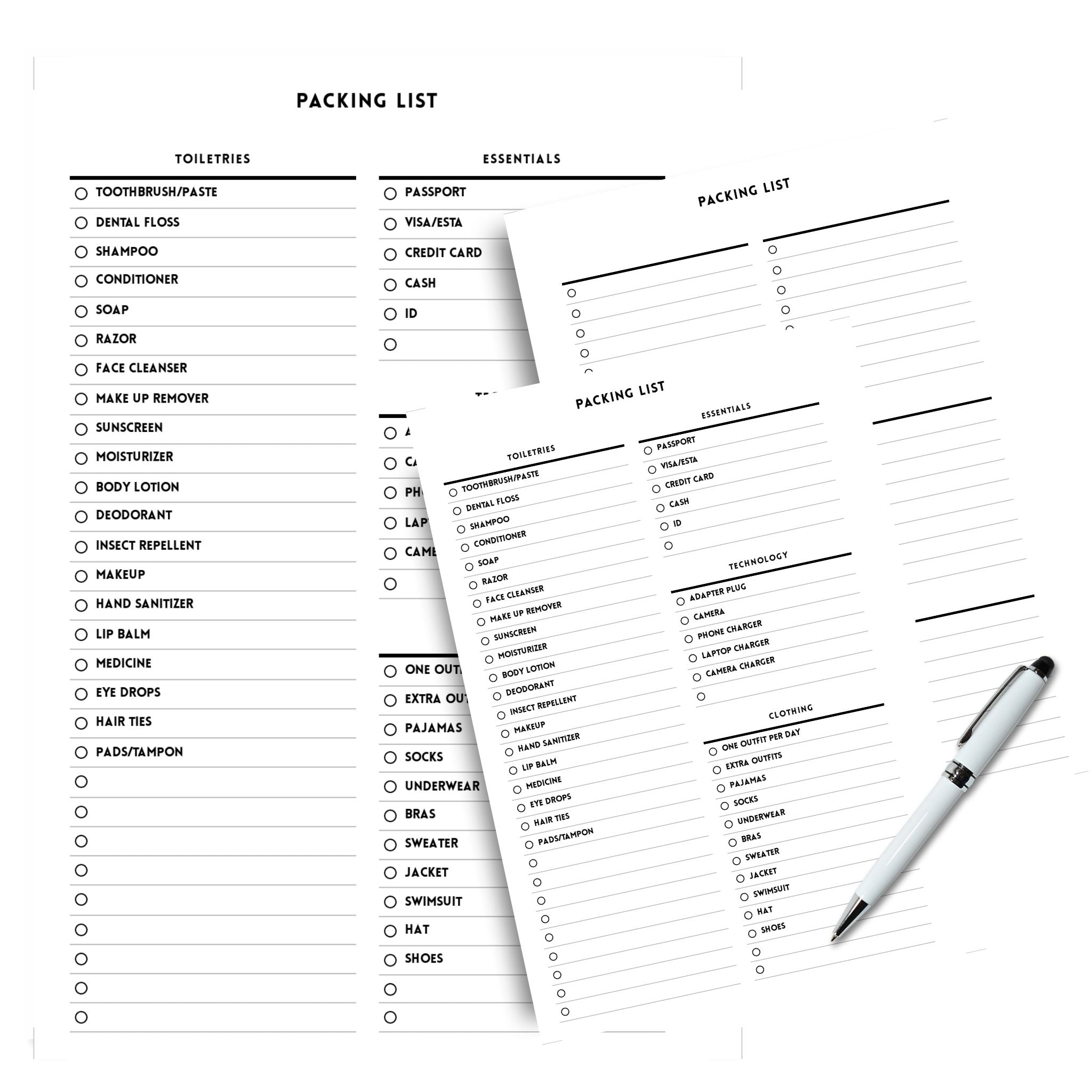 Travel packing checklist with organized categories