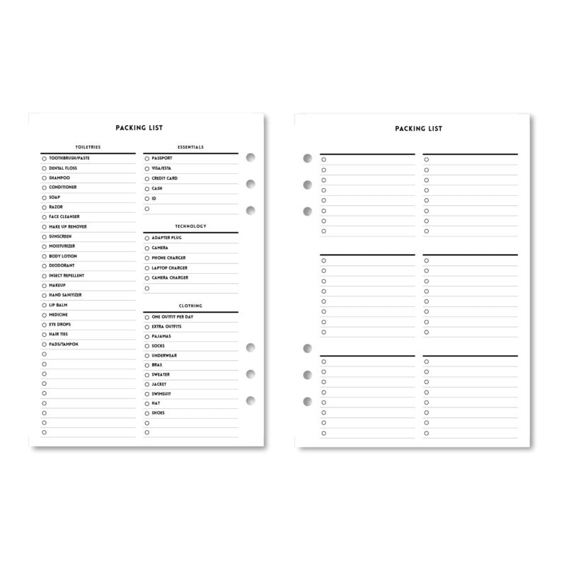 Travel planning insert with customizable spaces