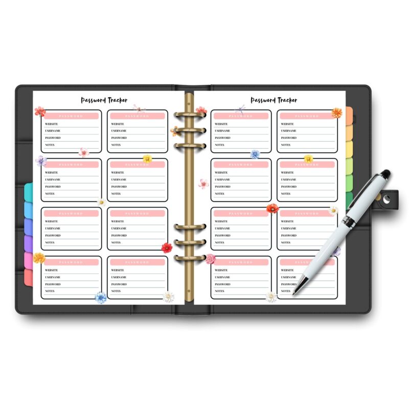 Two-page password organizer with floral border