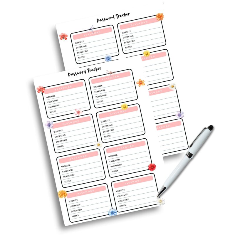 Printable password sheet with decorative elements