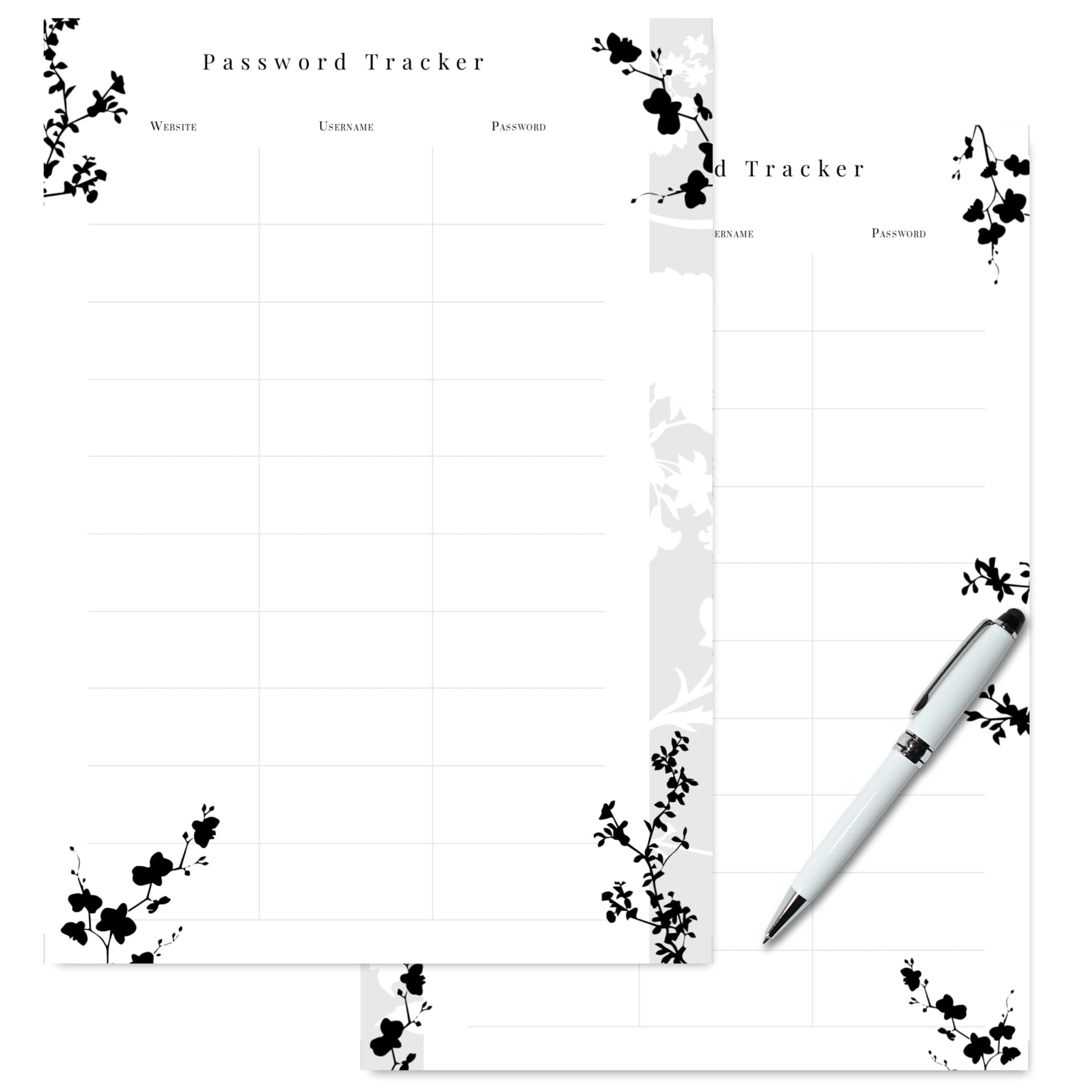 A5 Password Tracker two-page set in silhouette design