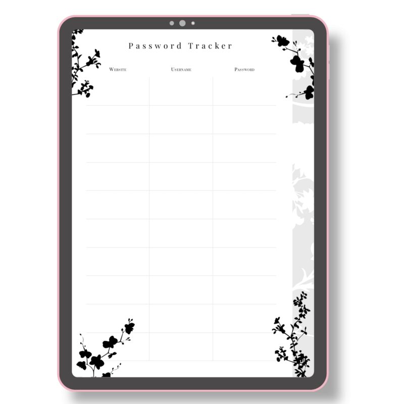 Password tracker sheet in planner binder