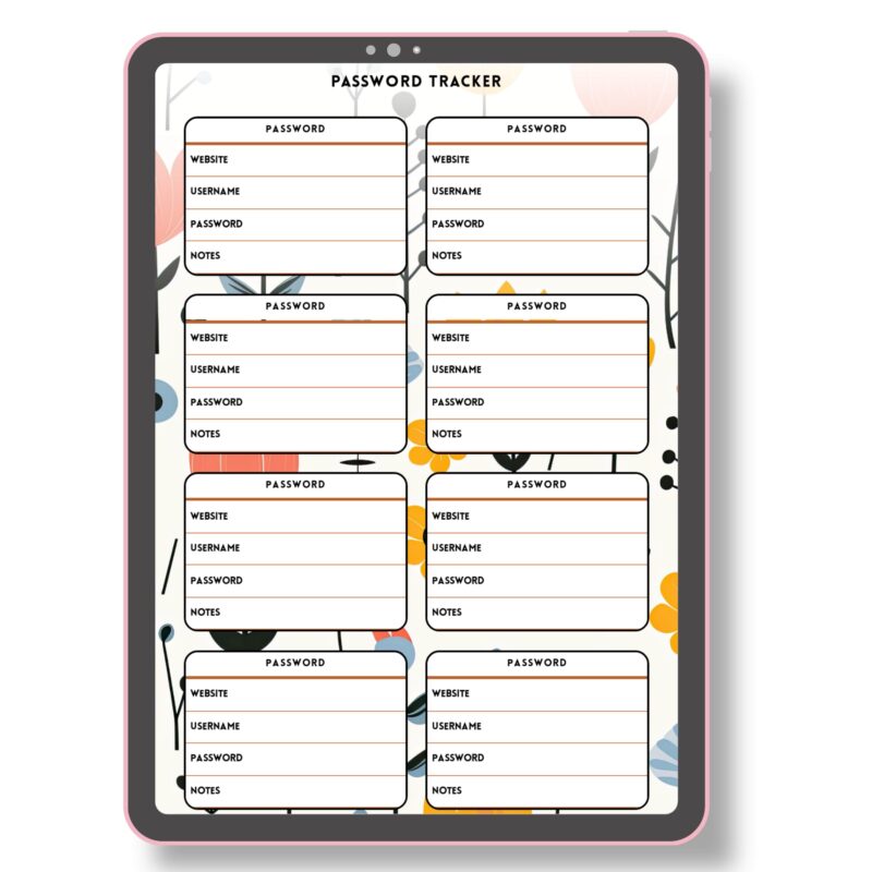Floral password log sheet in planner binder