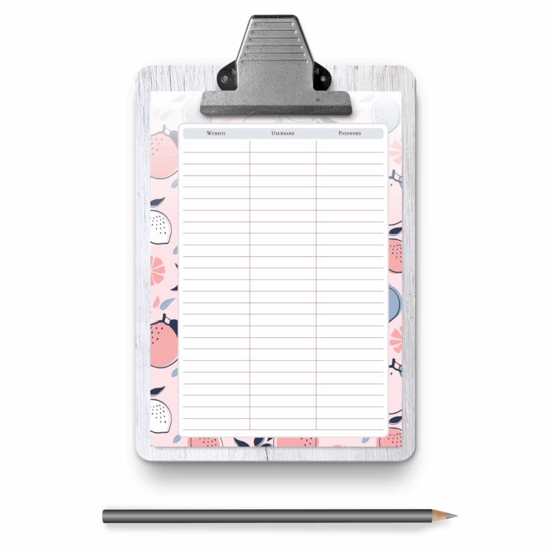 Password organizer A5 printable with clear labels