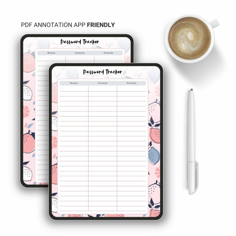 Password organizer A5 printable on a tablet