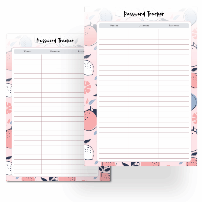 Password tracker sheet stored in planner binder