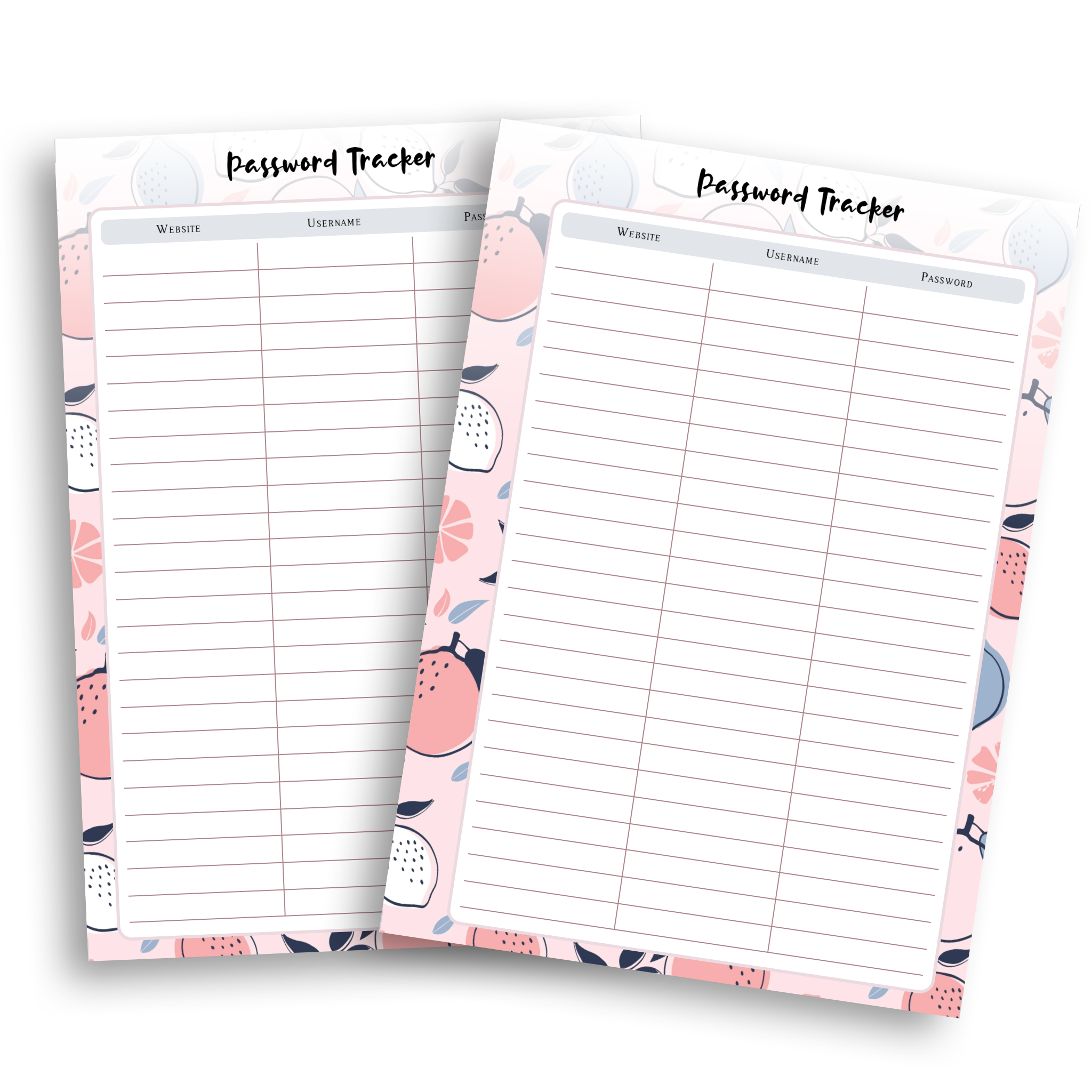 A5 Password Tracker two-page set for secure offline storage