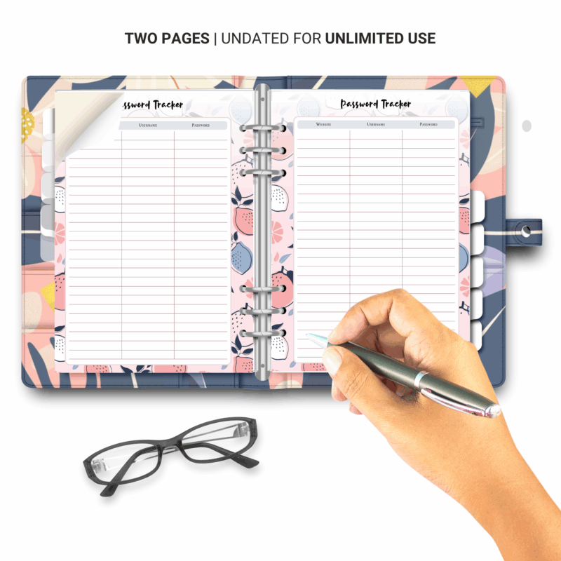 Minimal password log page with notes column A5