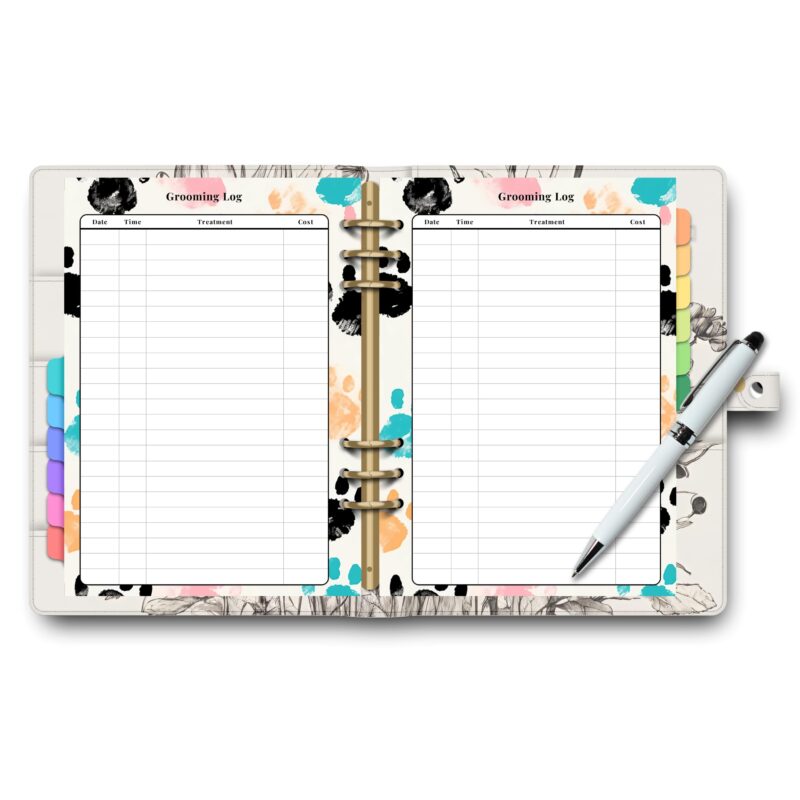 Printable grooming log for dogs and cats