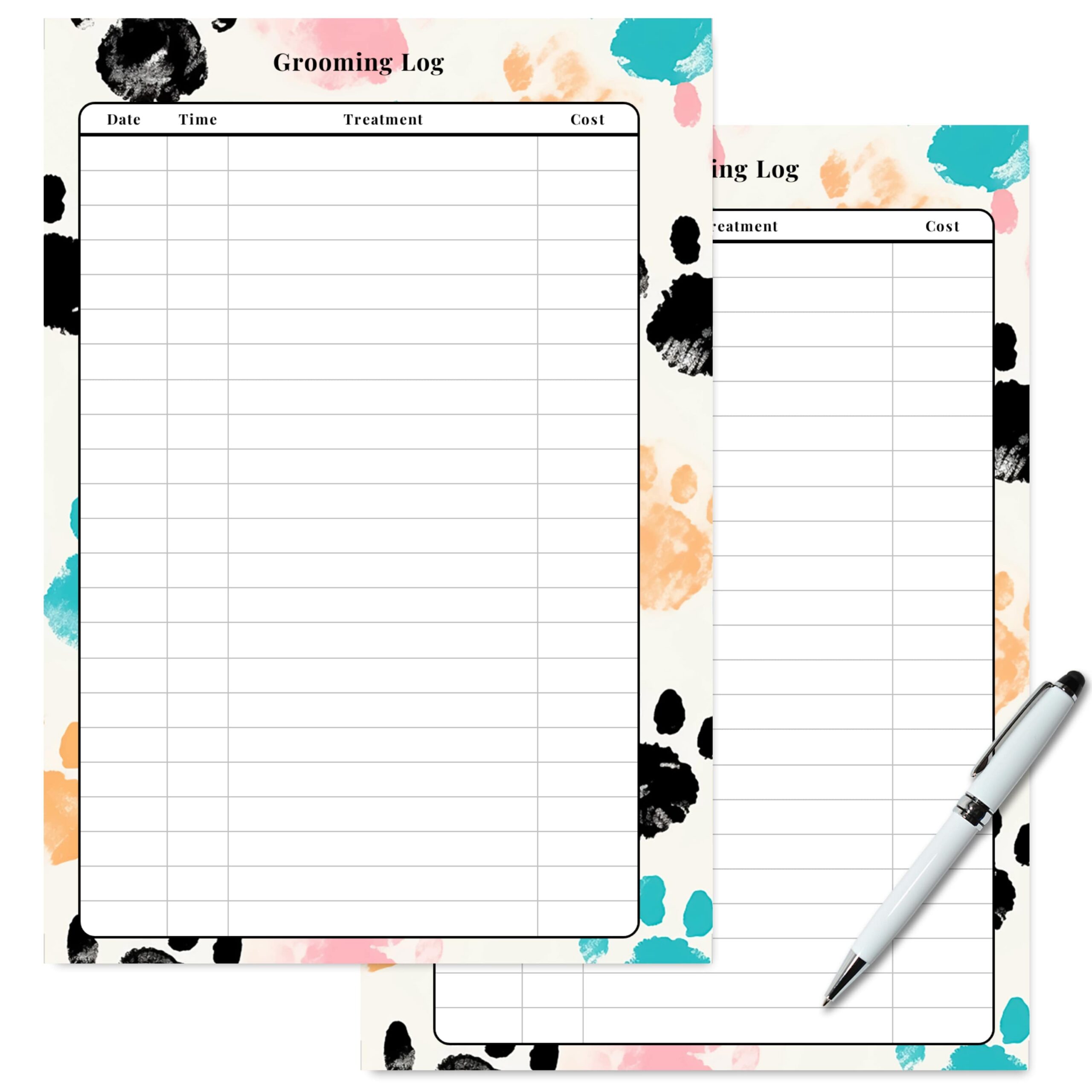 Pet Grooming Log two page layout with services and cost