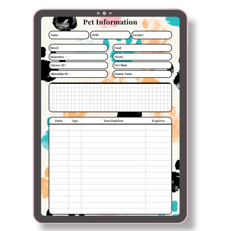 A5 pet records sheet in planner binder