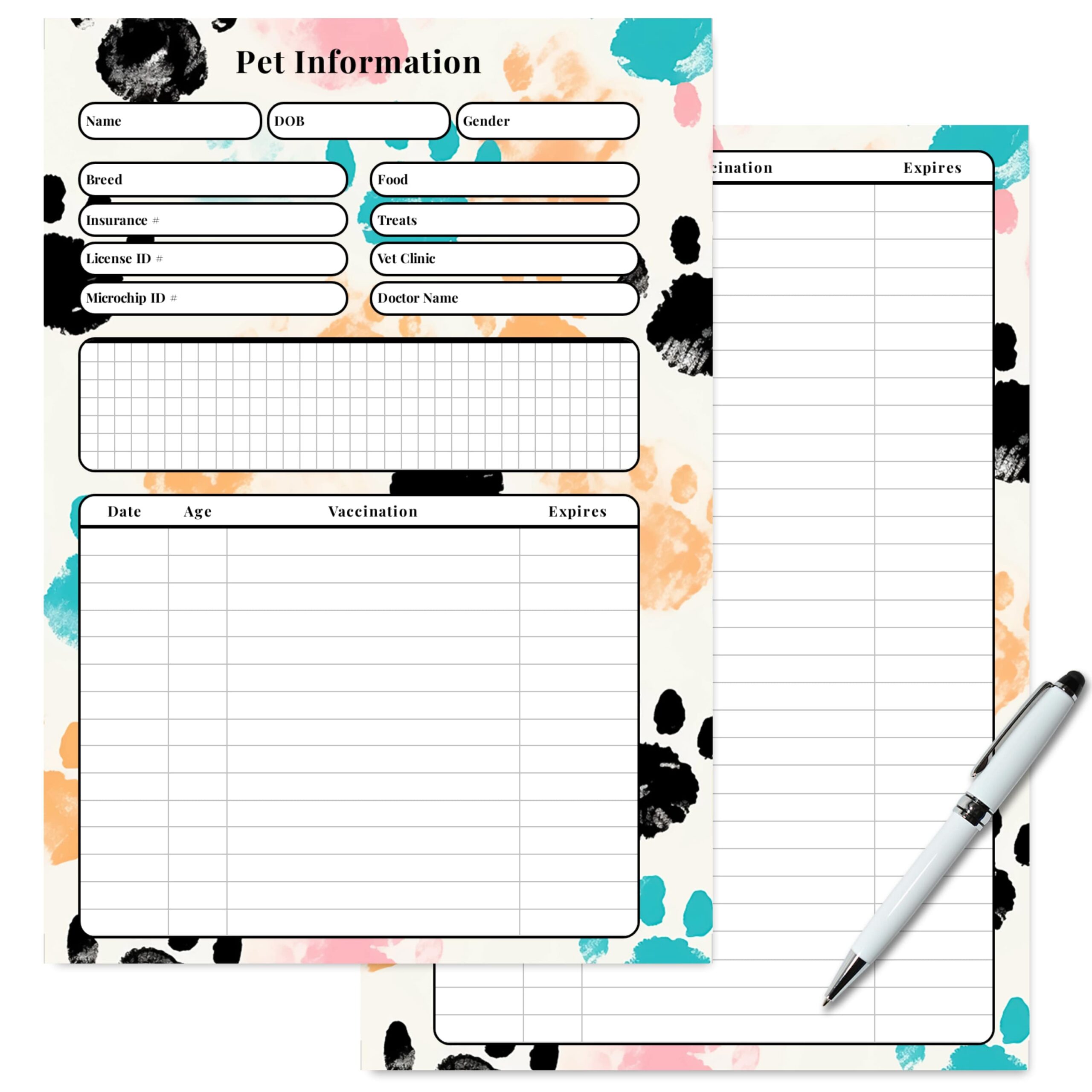Pet Information Planner two page set with ID and medical sections
