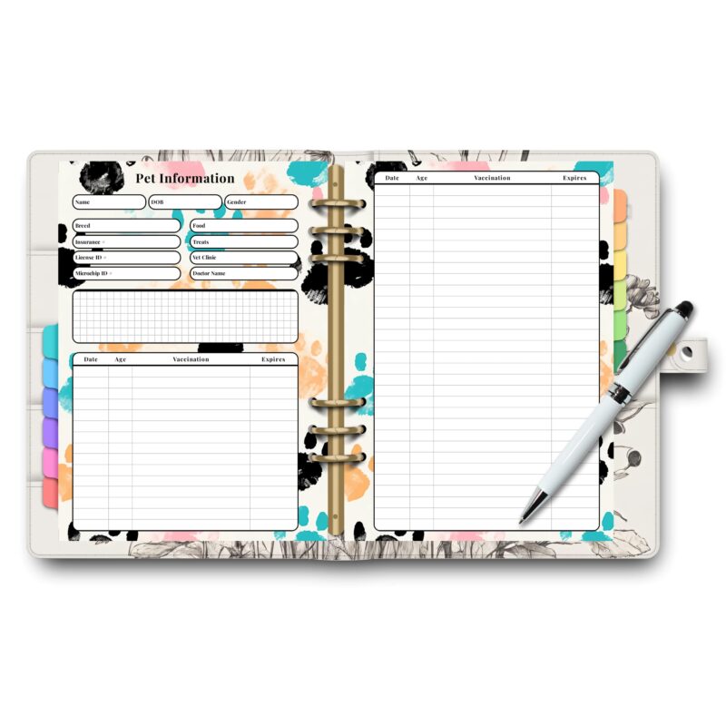 Printable pet info page with vet and insurance details