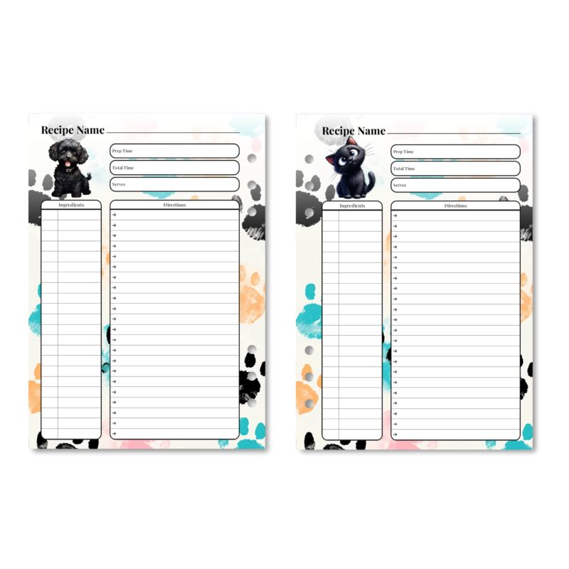 Pet Recipe Planner page in binder for kitchen use