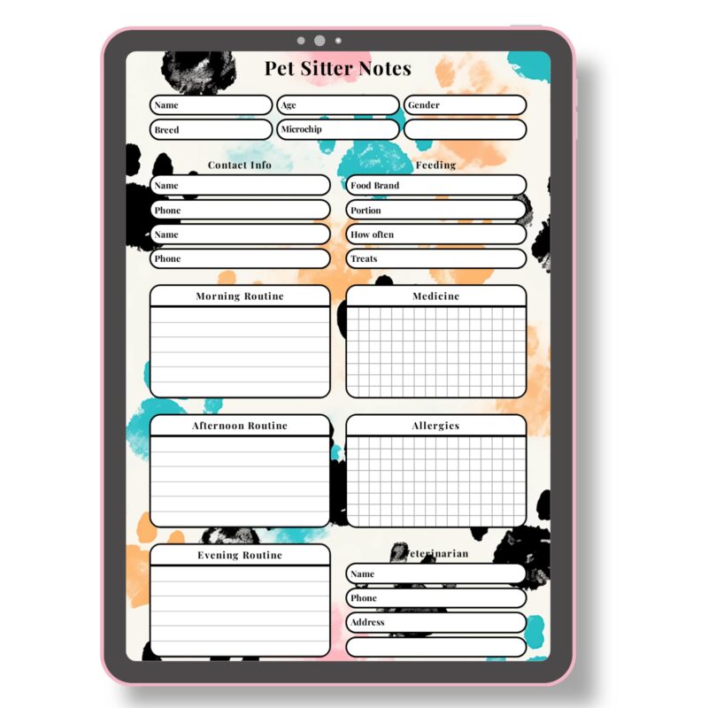 A5 pet sitter page ready for instant download