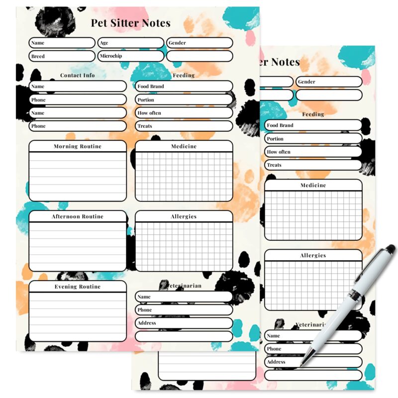 Pet Sitter Notes for feedings, walks, meds, and contacts