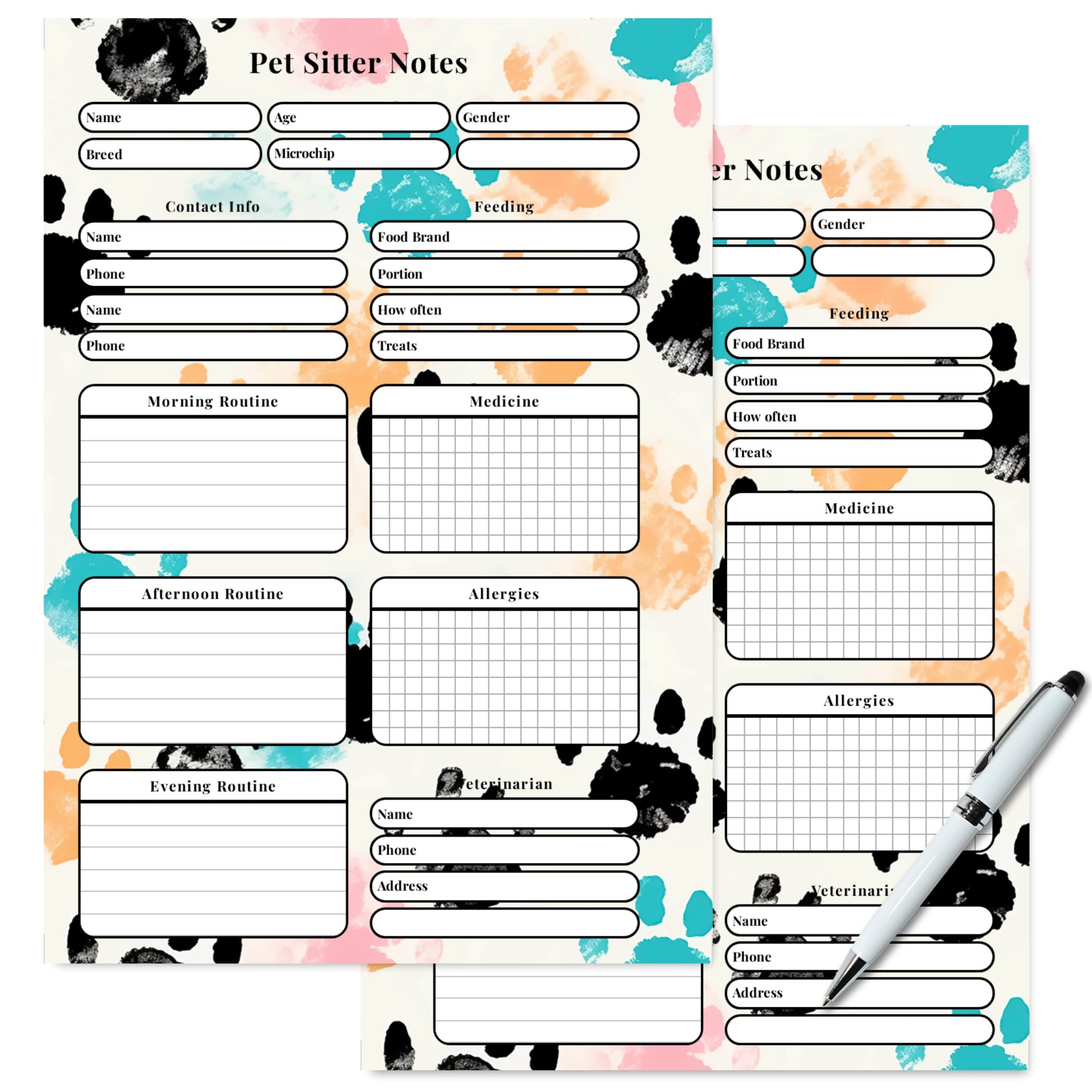 Pet Sitter Notes for feedings, walks, meds, and contacts