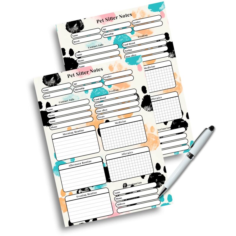 A5 pet sitter information sheet printable