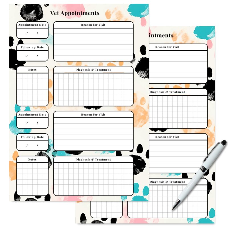 A5 vet appointment log with diagnosis and treatment fields