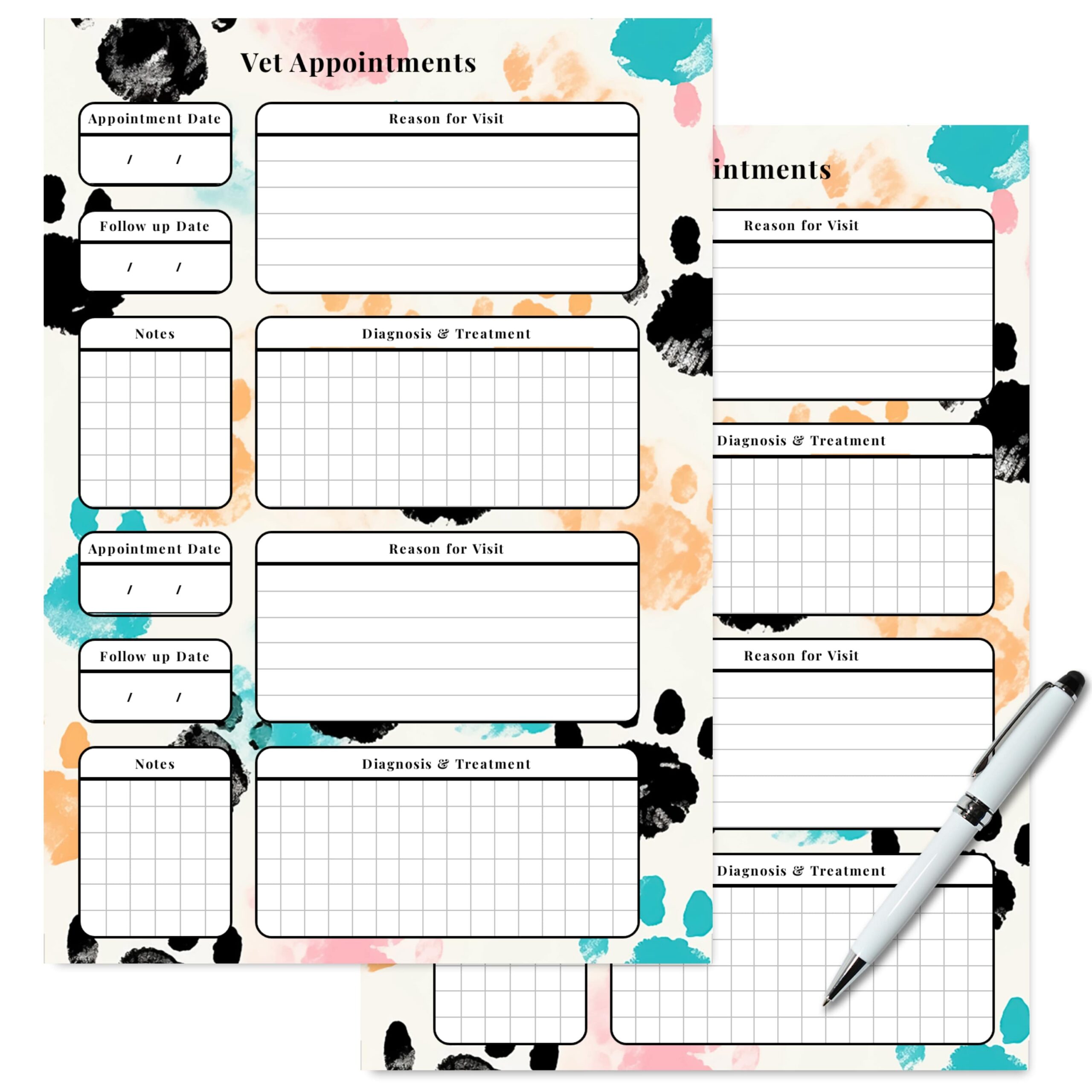 A5 vet appointment log with diagnosis and treatment fields