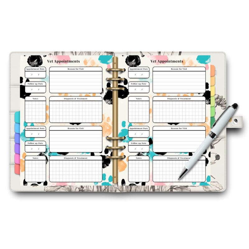 Pet medical record organizer A5 two page layout