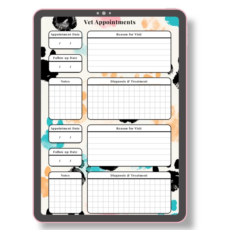 A5 pet health visit tracker with next due dates