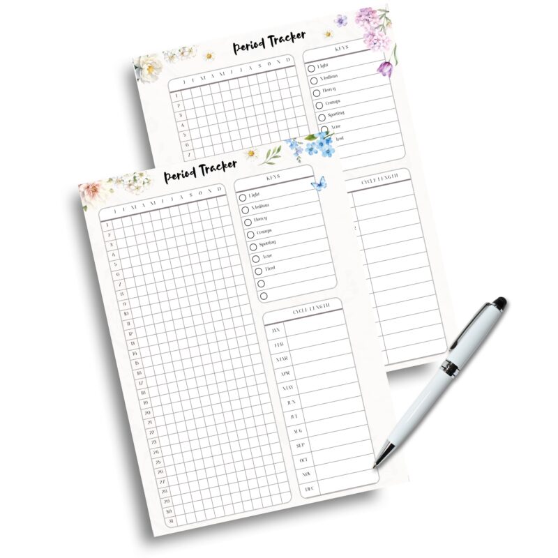 Printable menstrual cycle tracker with symptom and flow logs