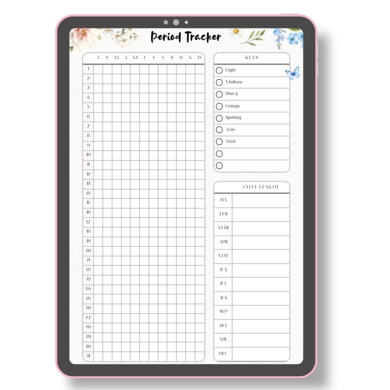 Printable menstrual cycle tracker with symptom and flow logs on a tablet