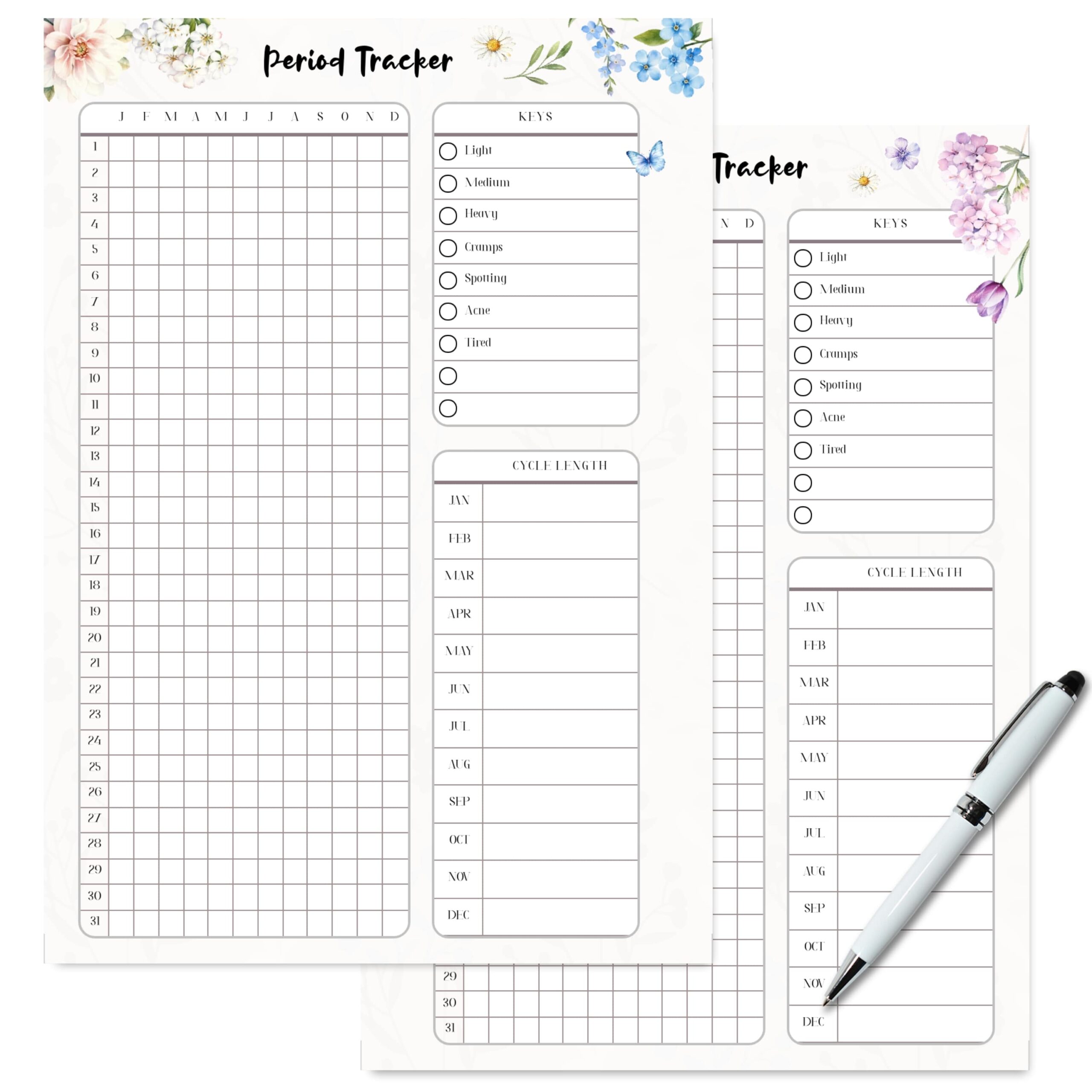 A5 Period Tracker with cycle grid and next‑date estimator