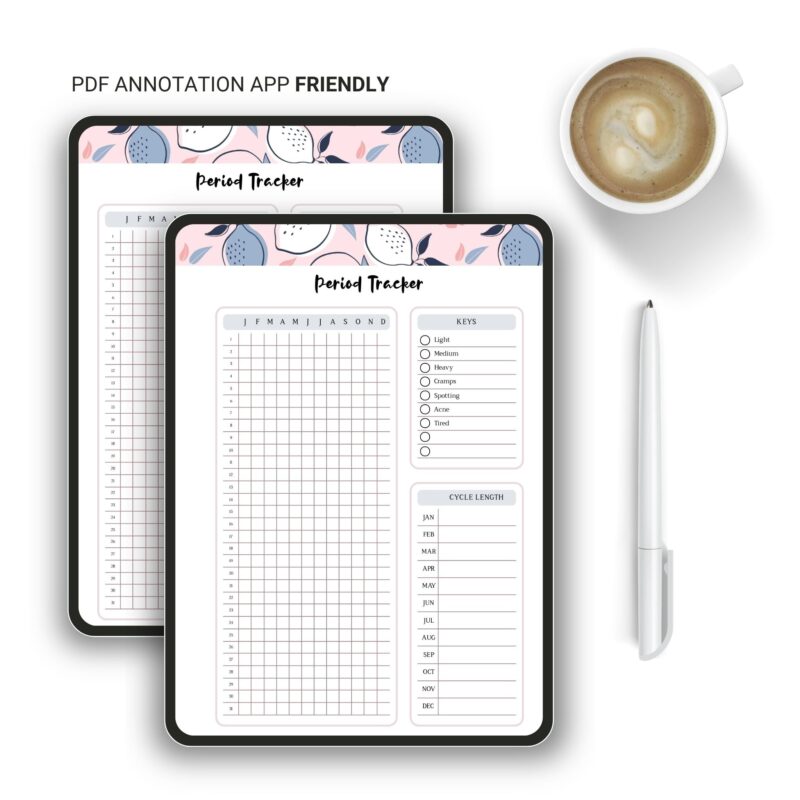 A5 period log printable on a tablet