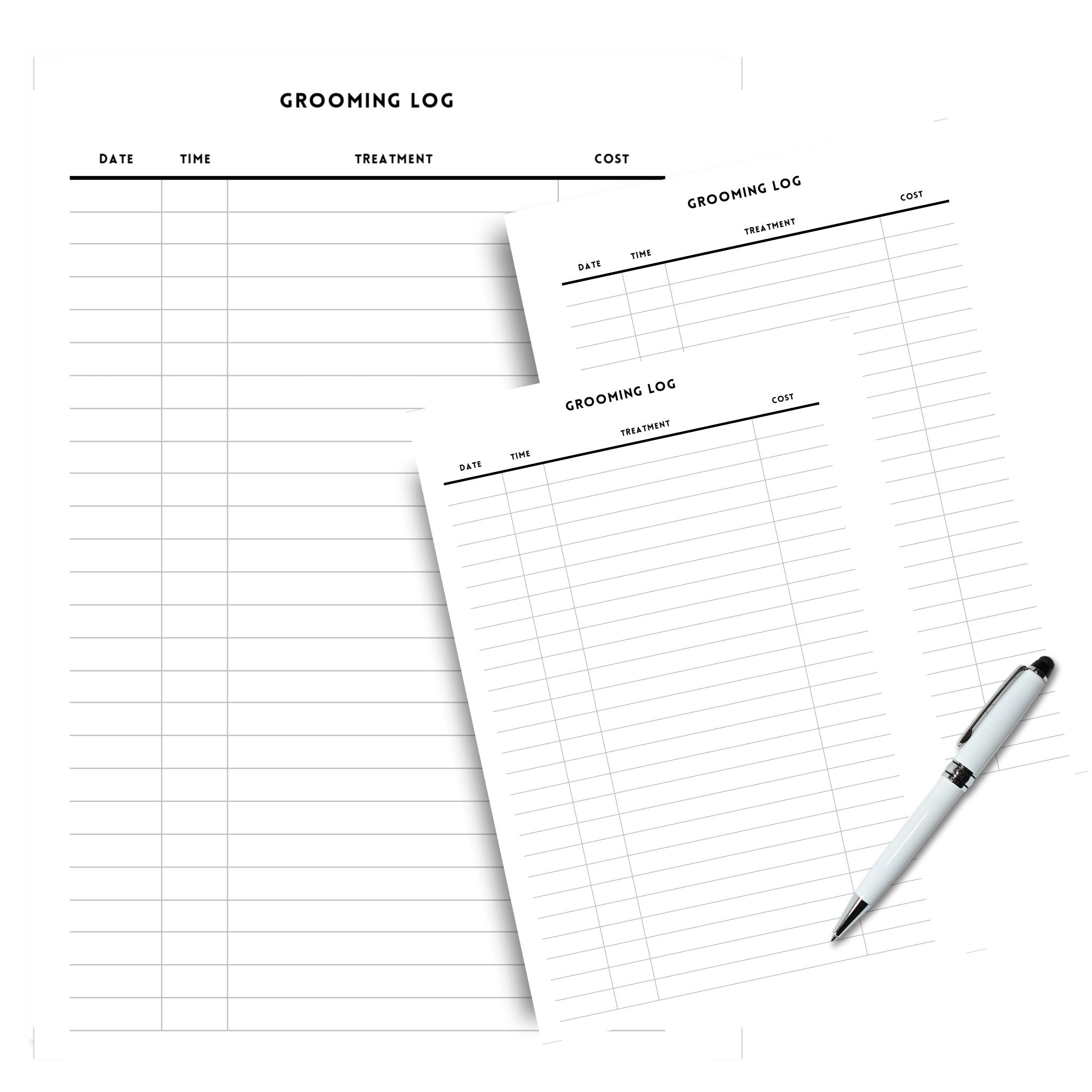 Pet Grooming Log with date time treatment cost fields