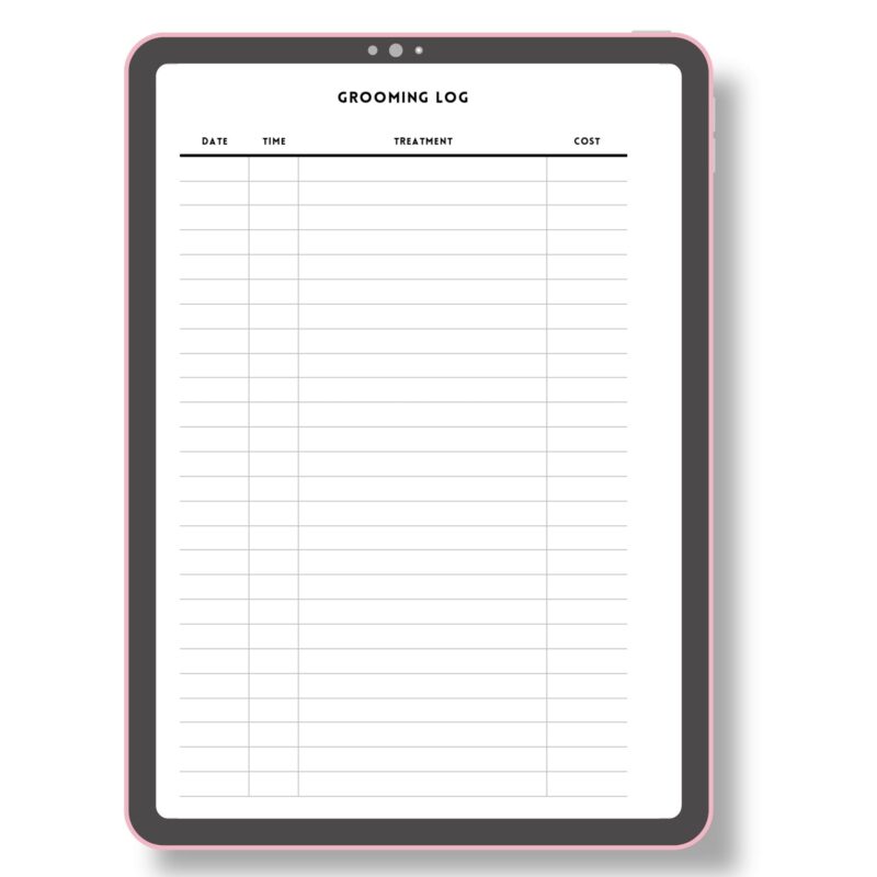 Pet Grooming Log A5 pages in binder setup