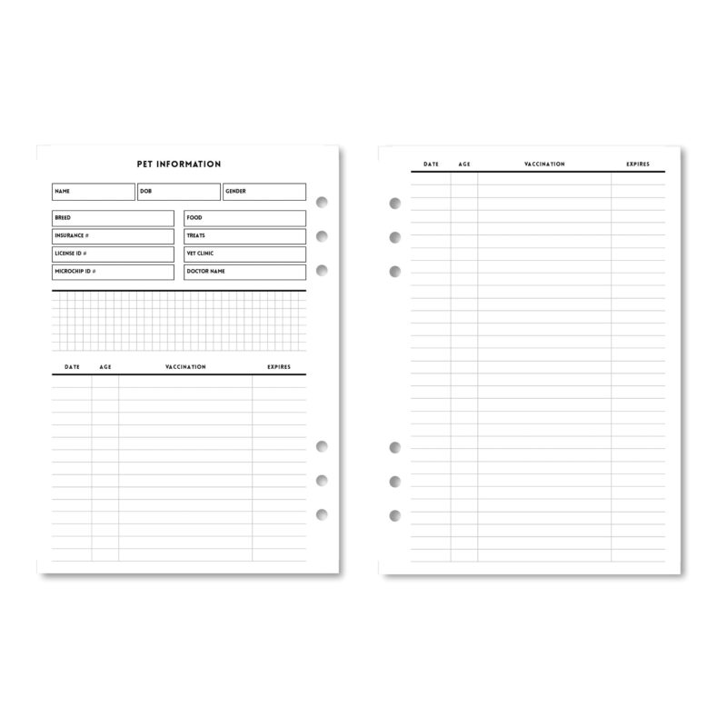 A5 pet profile insert for feeding and daily routine