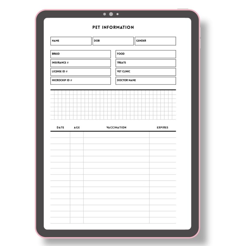 Minimalist pet records planner insert for organized care