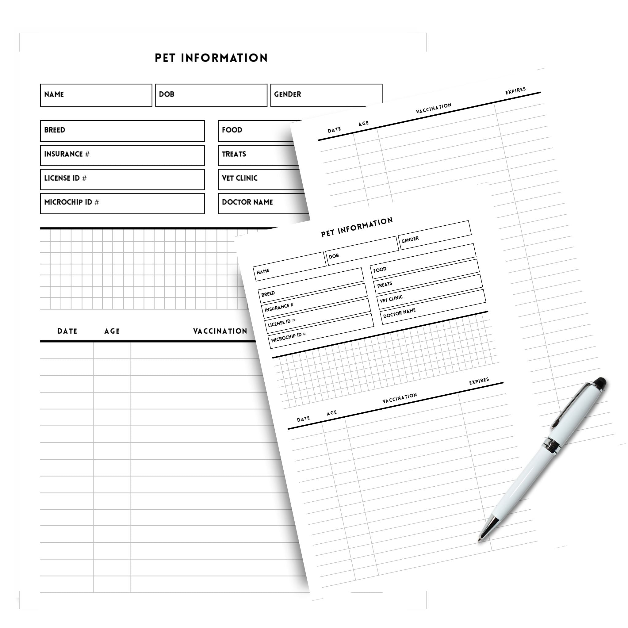 A5 Pet Information Planner with vet and microchip sections