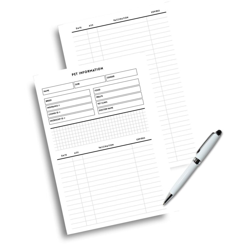Printable pet info sheet for vaccines, meds, and allergies