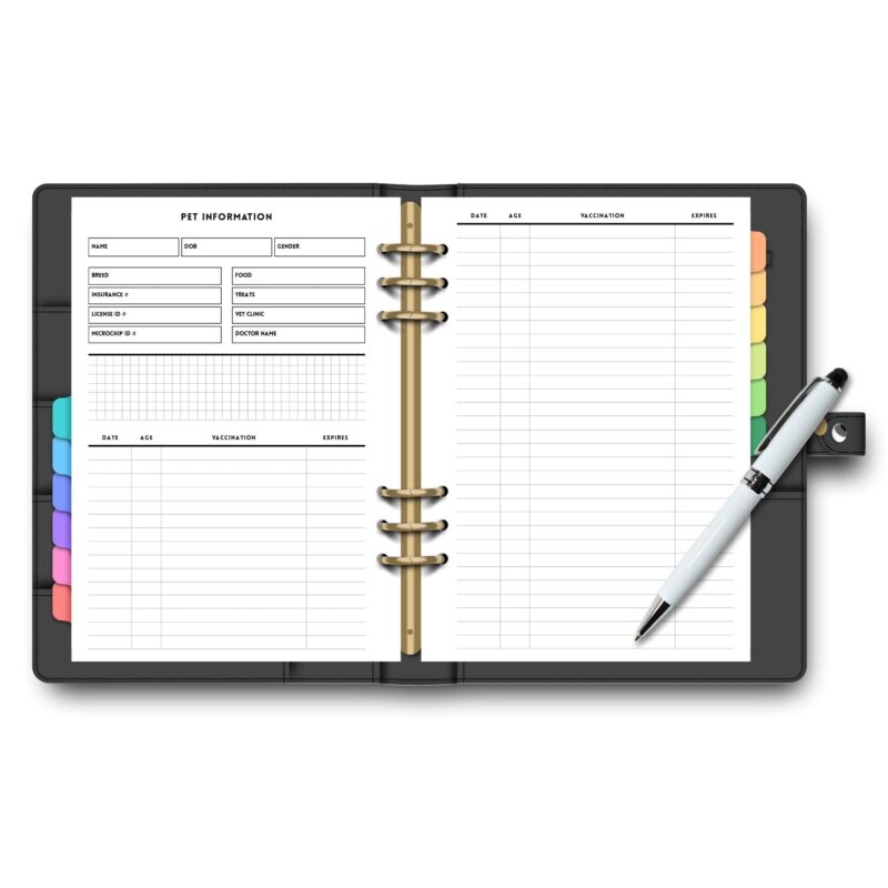 Pet Information Planner with insurance and contact fields