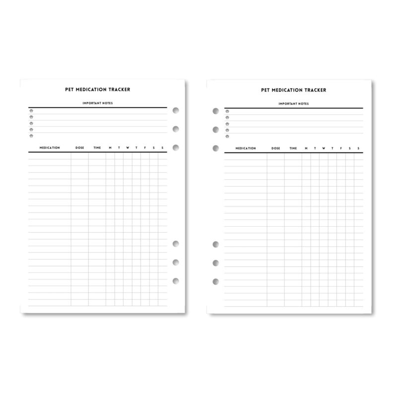 Pet Medication Tracker page in a health binder