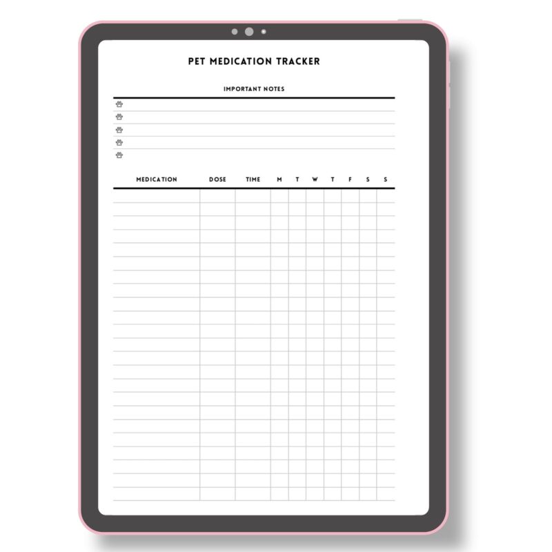 Pet health tracker printable with notes and start end dates