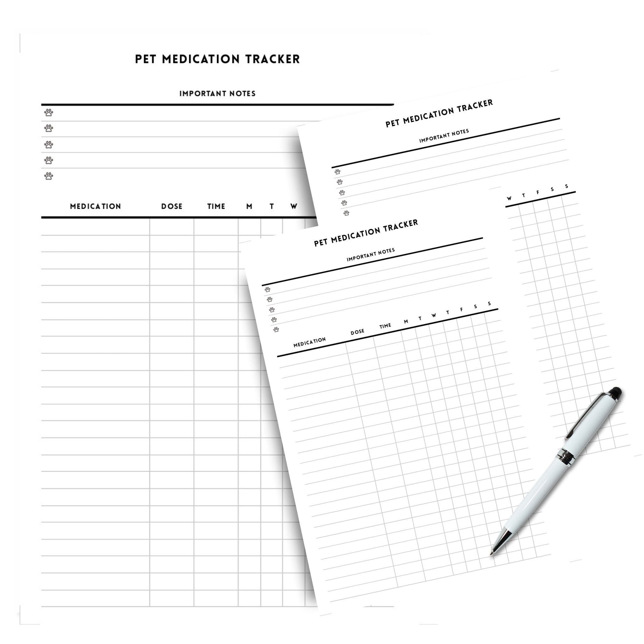 A5 Pet Medication Tracker with dose time frequency fields