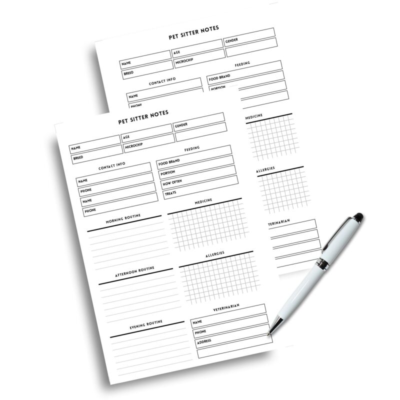 A5 Pet Sitter Notes printable with emergency contacts