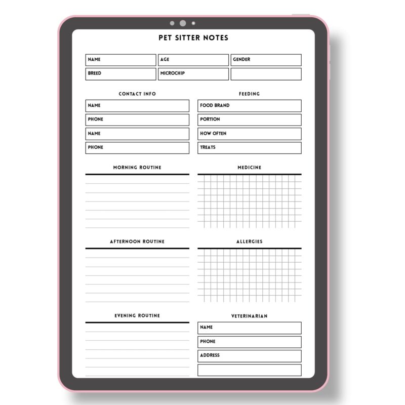 Pet Sitter Notes minimalist two page layout