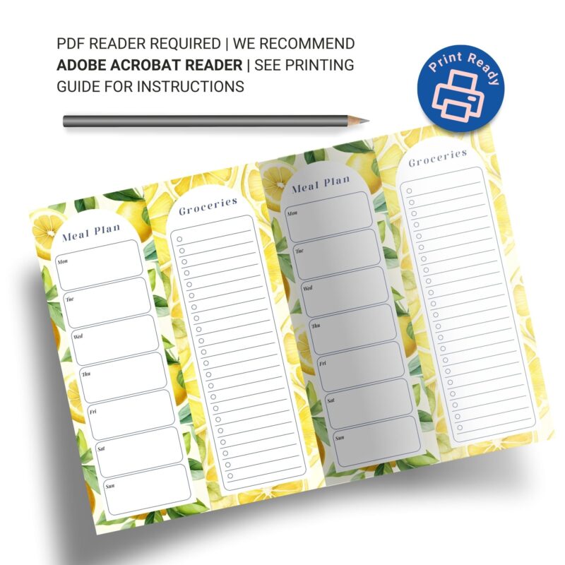 Printable meal plan and grocery list A5 PDF lemon design